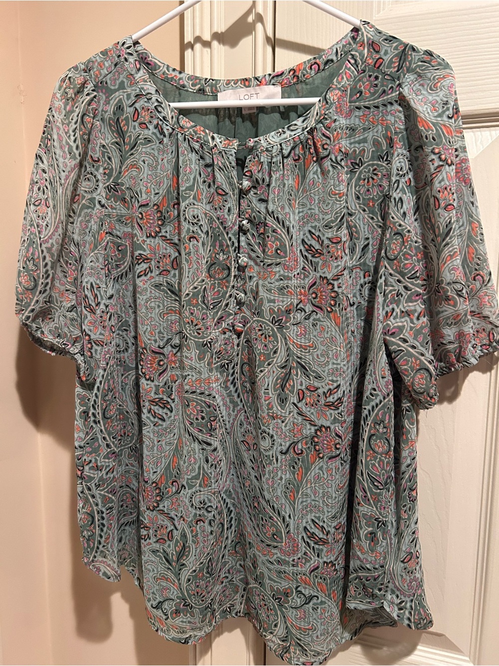 LOFT Sage Green Paisley Blouse with Coral Accents